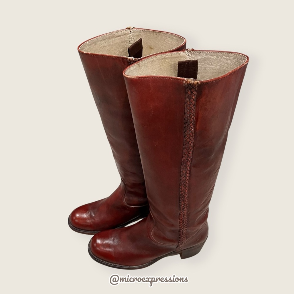 VINTAGE 1970s Frye Campus Leather Red-Brown Real Leather Braided Knee High Boot - Picture 10 of 16